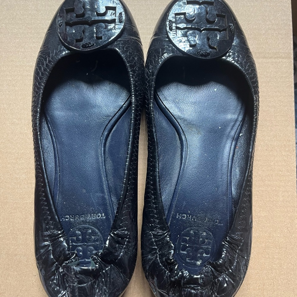 Tory Burch Black Leather Flats with Medallion Logo